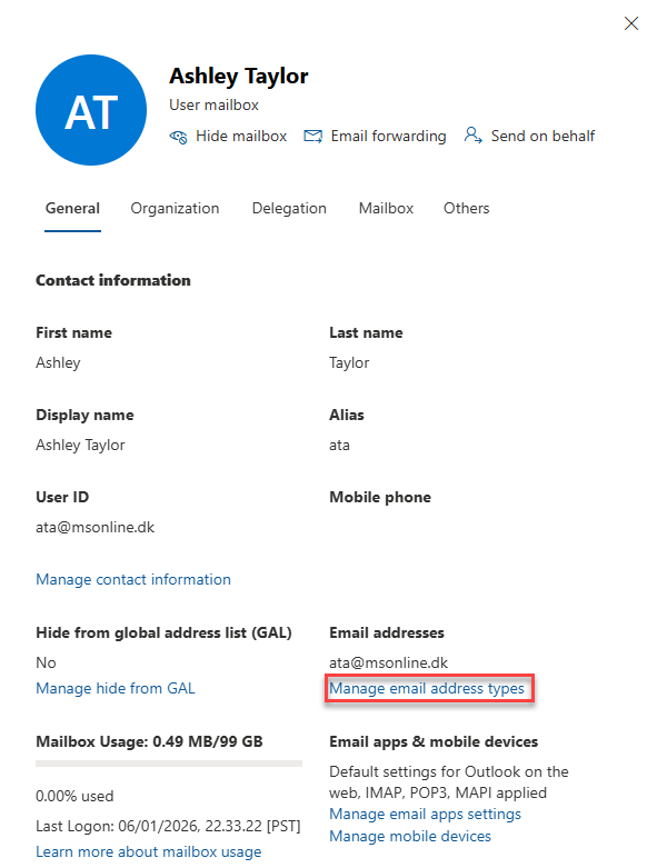Exchange Online Admin Center - Ashley Taylor