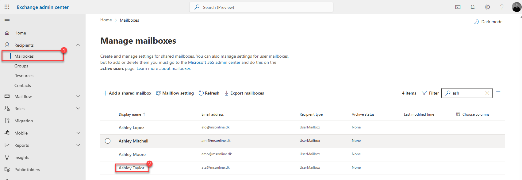 Exchange Online Admin Center - Ashley Taylor